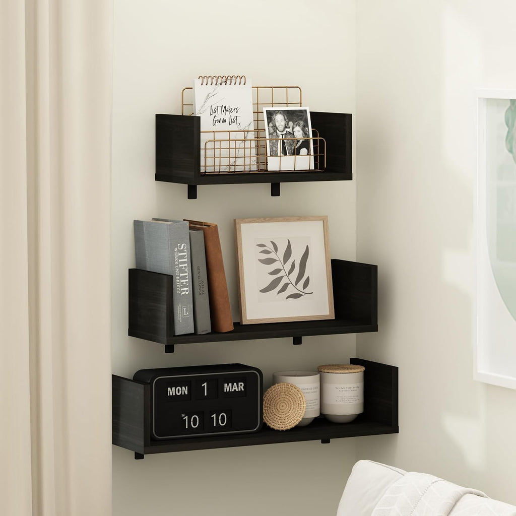 Rossi Floating Shelves for Wall Set of 3, Wall Shelf, Wall Mounted Shelves for Bathroom, Home Office, Living Room, Black Espresso