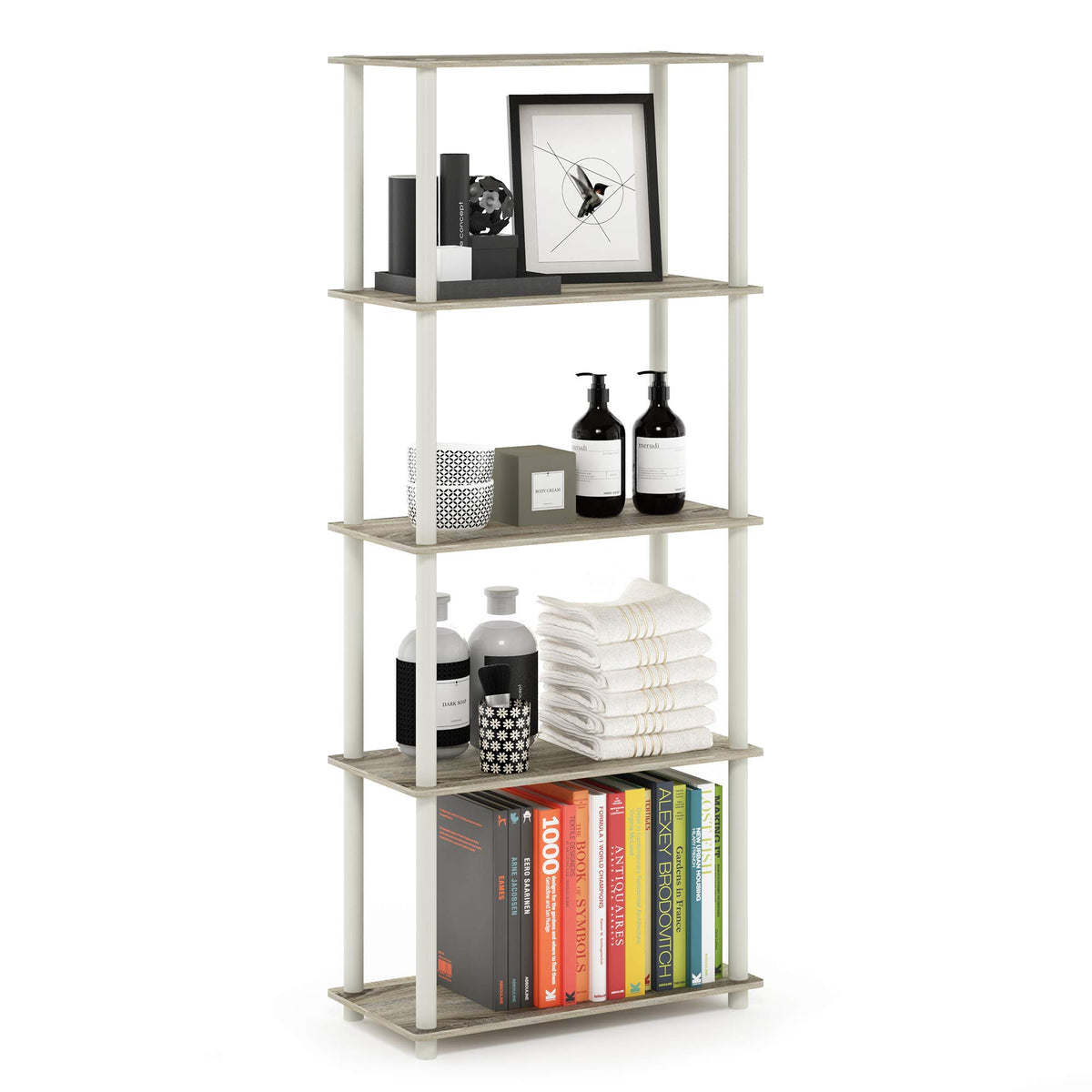 99152BE/WH/IV 3-Tier Go Green Multipurpose Storage Rack Shelving Unit Bookshelf Cabinet with 2 Bins, Beech Finish
