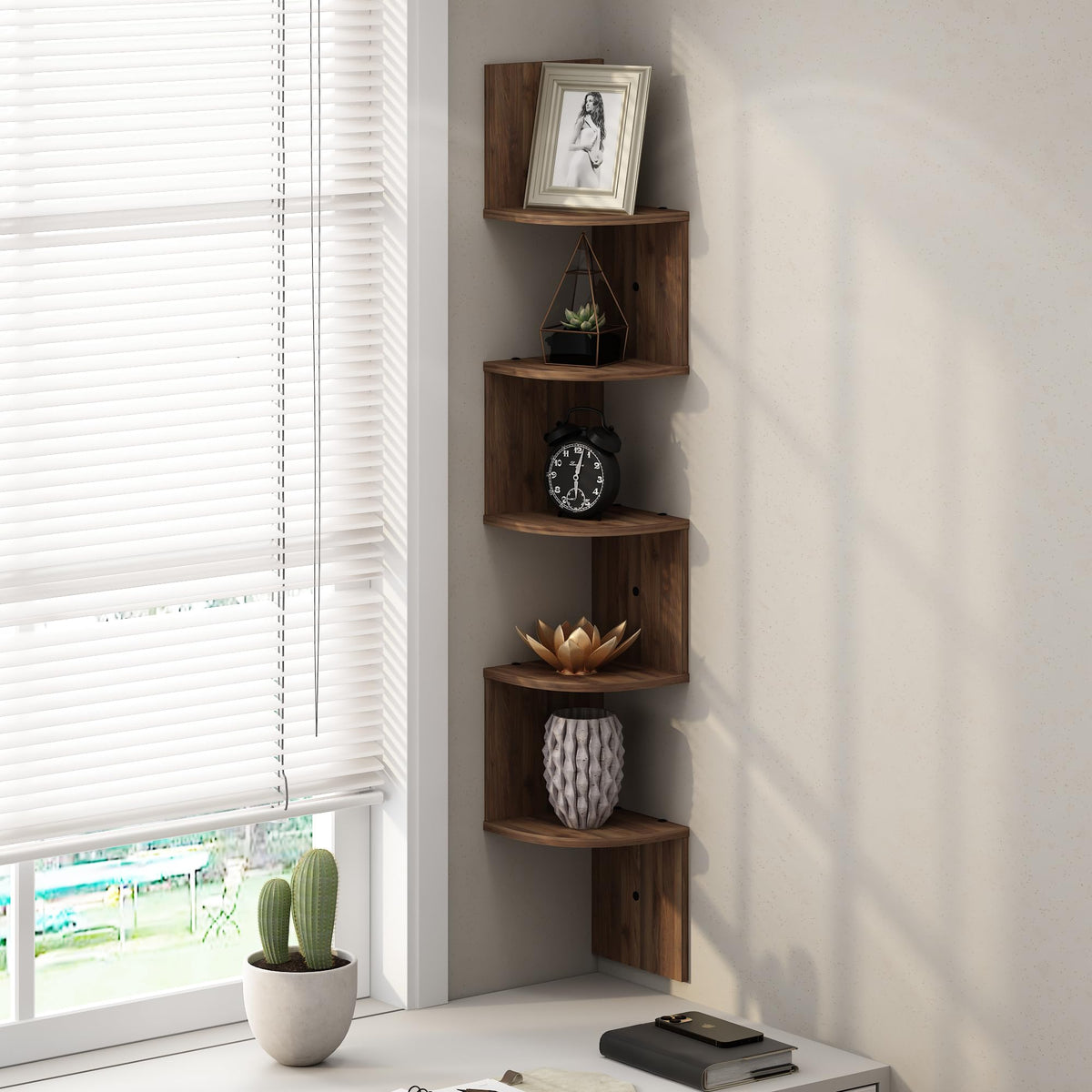 Rossi 5-Tier Floating Corner Shelf for Wall, Corner Zigzag Shelf Wall Mounted, Radial Wall Mount Shelves, for Home Office, Living Room, Bedroom, Bathroom, Columbia Walnut