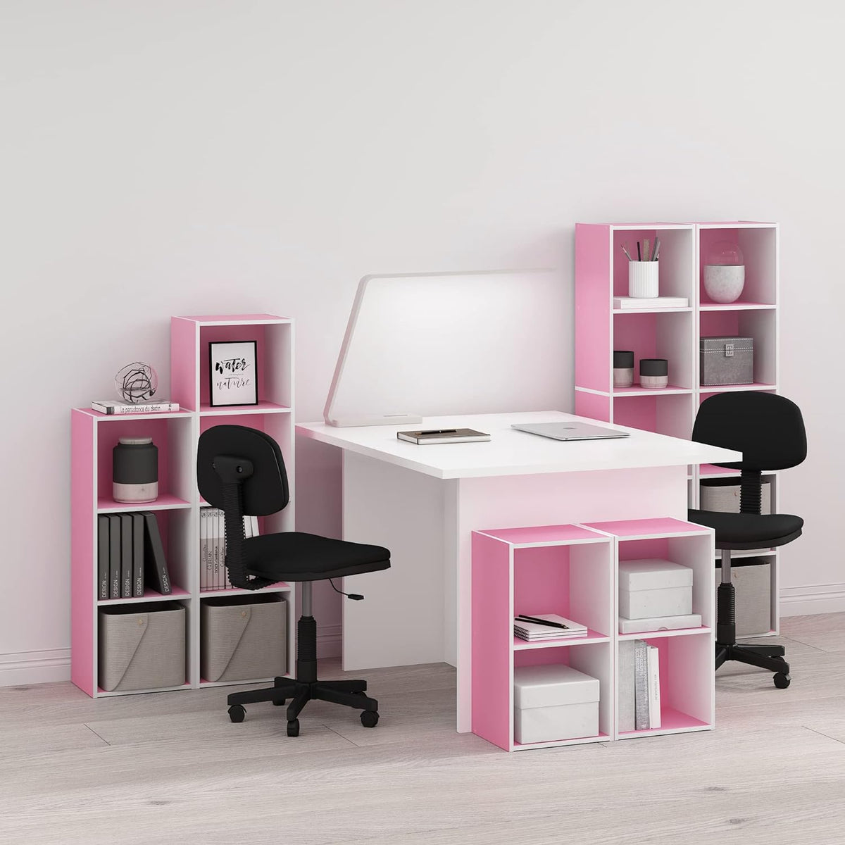 PASIR Book Shelf, 4-Tier Modern Bookshelf, Open Shelves Bookcase 9 x 12 x 42, Easy Assembly, for Living Room, Bedroom, Home Office, Pink/White