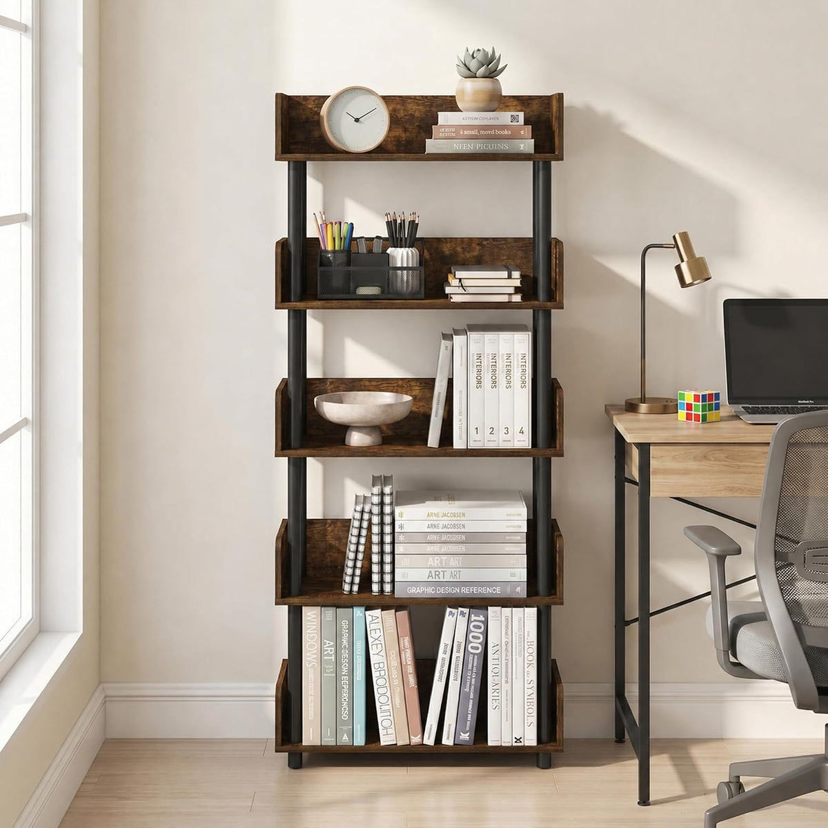 Turn-N-Tube Book Shelf, 5-Tier Bookshelf, Bookcases, Walnut
