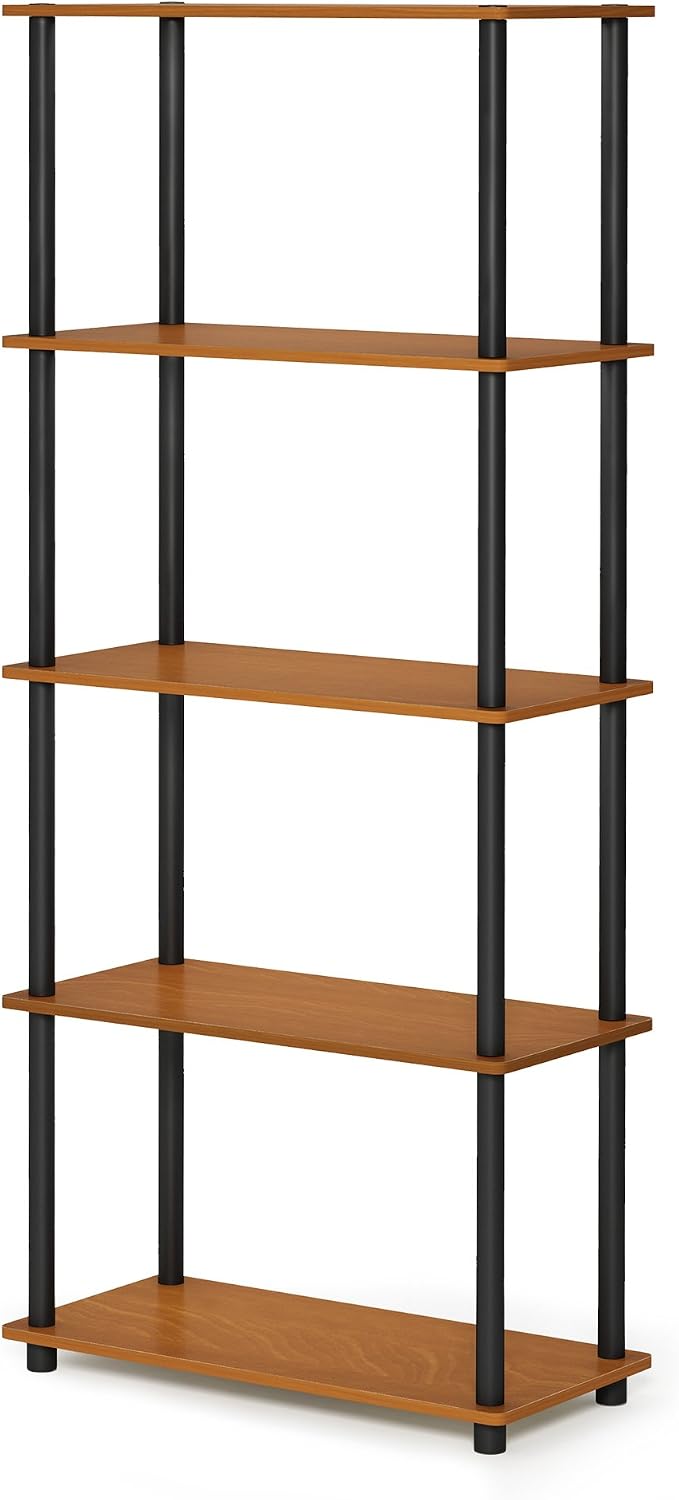 Wire Book Shelf, 5-Tier Industrial Style Metal Frame Bookcase, Display Shelf, 24 Wide, Walnut Cove