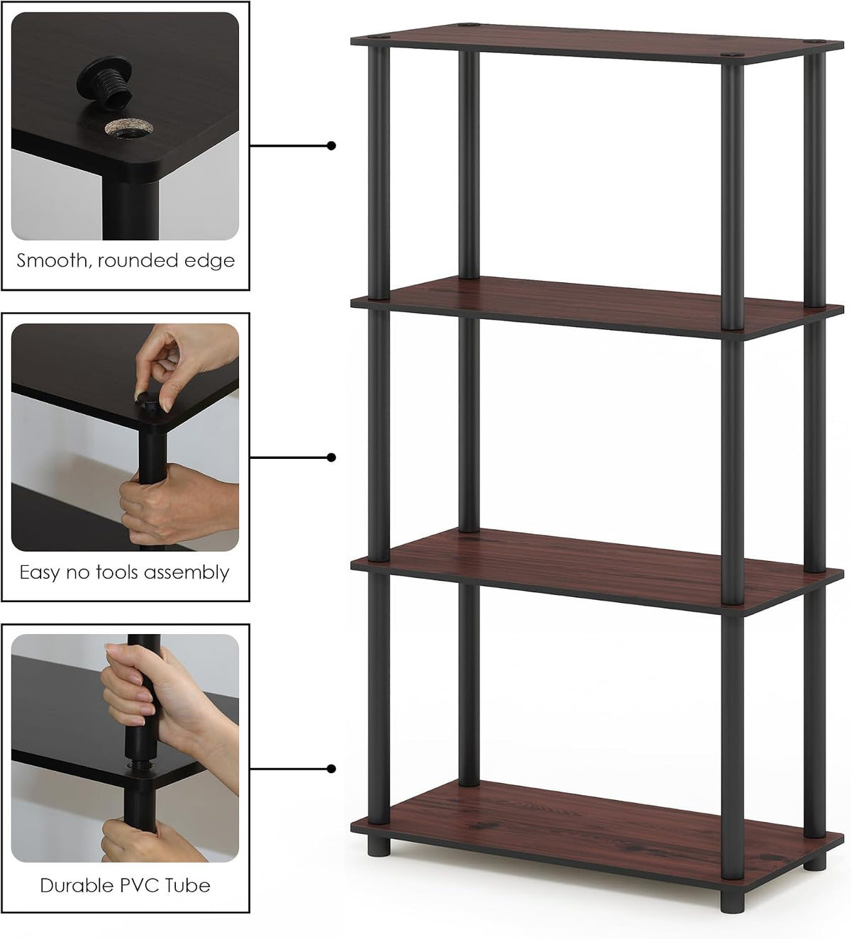Turn-N-Tube Toolless Assembly Storage Shelves, 4-Tier Brown Book Shelf, Open Storage Bookshelf, for Organization and Storage, Living Room, Home Office, Bedroom, Cherry Oak