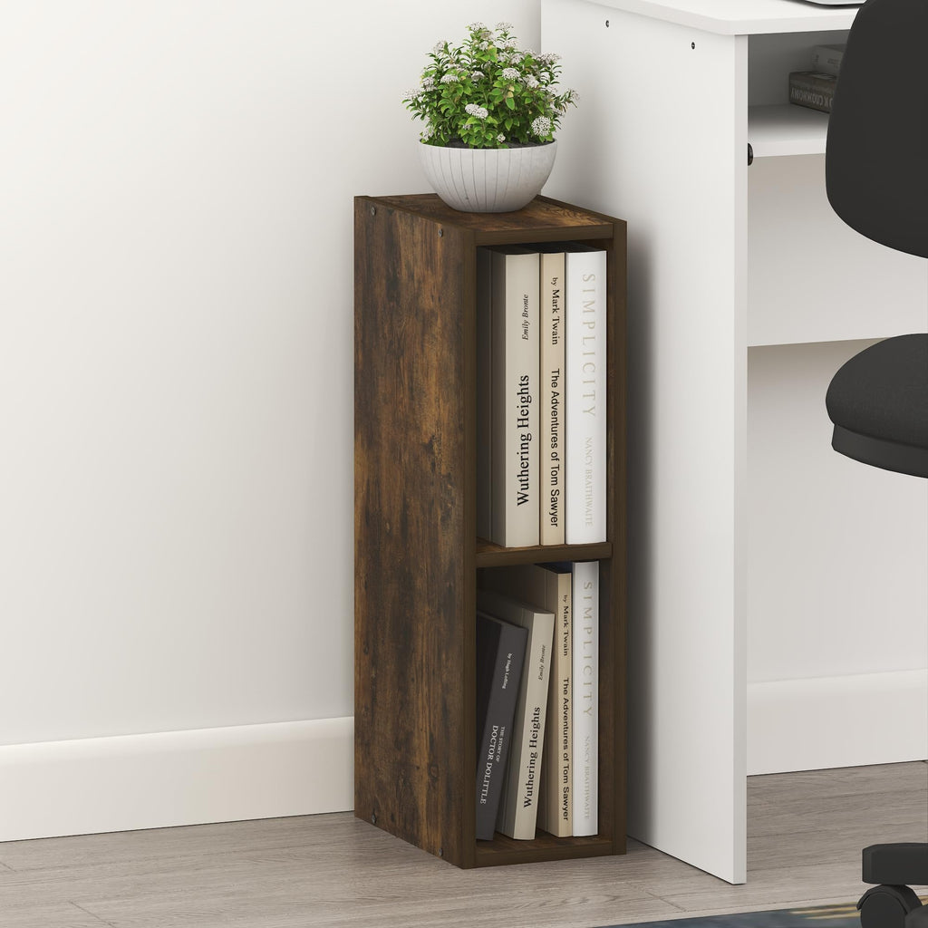 Fulda Book Shelf, 2-Tier Narrow Bookshelf, Bookcase with 8-in Width Storage Shelf, 9.3 x 7.9 x 21.2, for Living Room, Bedroom, Home Office, Blackwood
