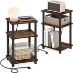 JUST Side Table Set of 2, 3-Tier Modern End Table with Charging Station, Open Shelf Night Stand, Bedside Table with USB and Type-C Port, for Living Room, Bedroom, Amber Pine