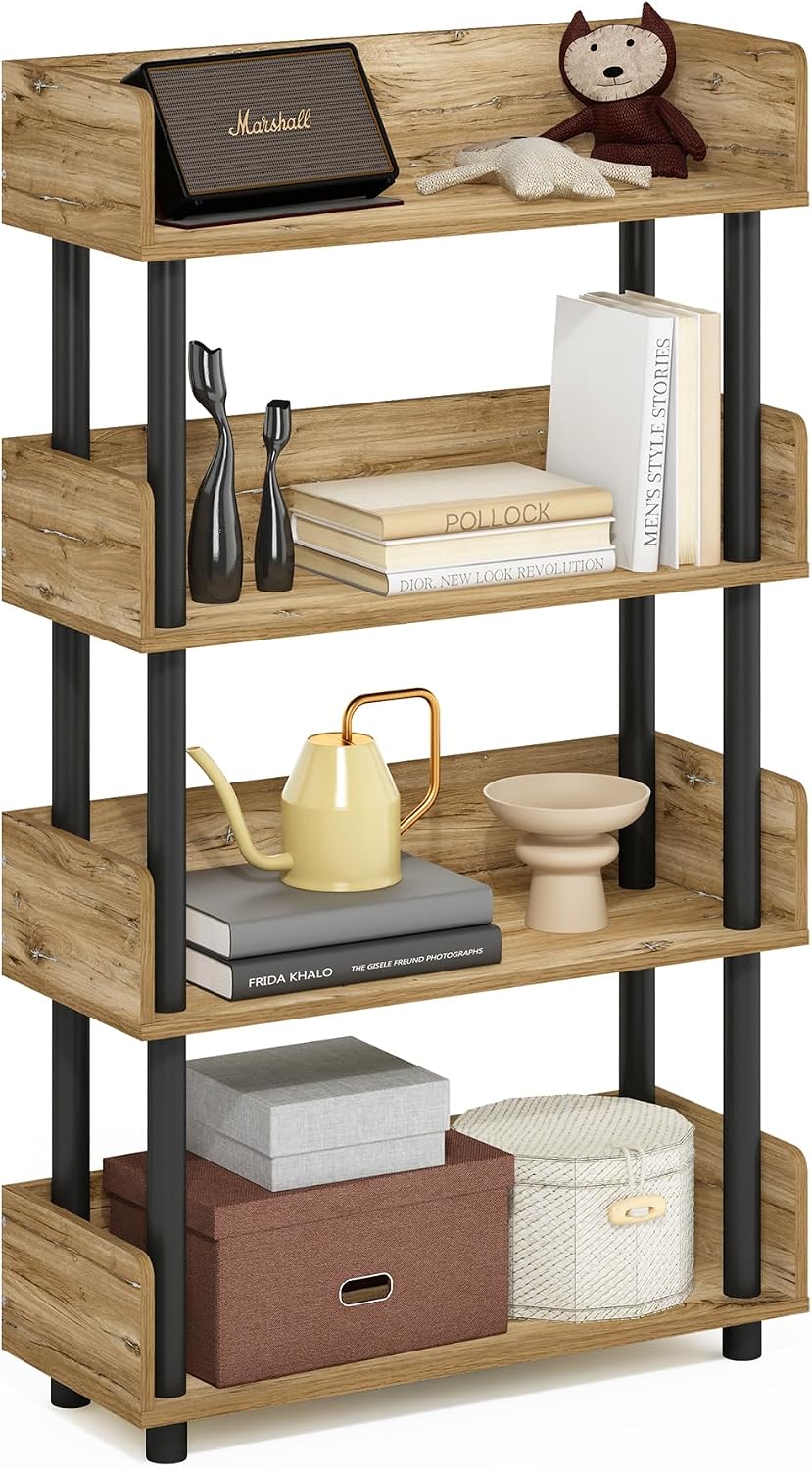 TURN-N-TUBE 4-Tier Display Shelf, Storage Shelves, Book Shelf, Open Shelves with Rounded Corner Top Edges, for Organization and Storage, Living Room, Home Office, Flagstaff Oak