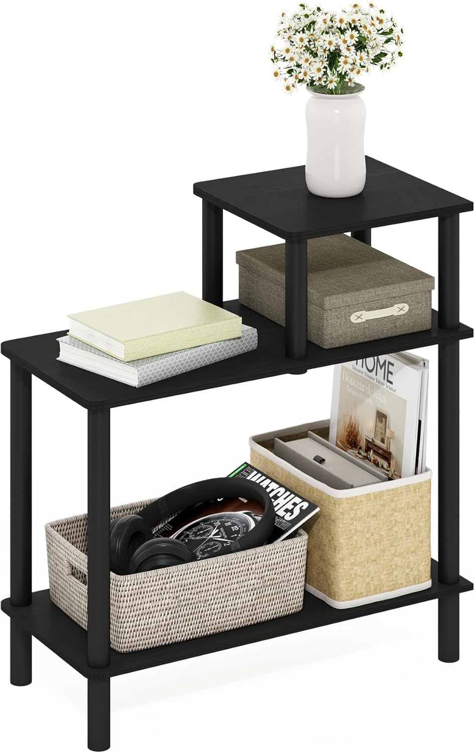 Turn-N-Tube Side Table, 3-Tier Rectangle Sofa End Table with Open Shelf, Toolless Assembly Night Stand, Bedside Table, for Living Room, Bedroom, Espresso
