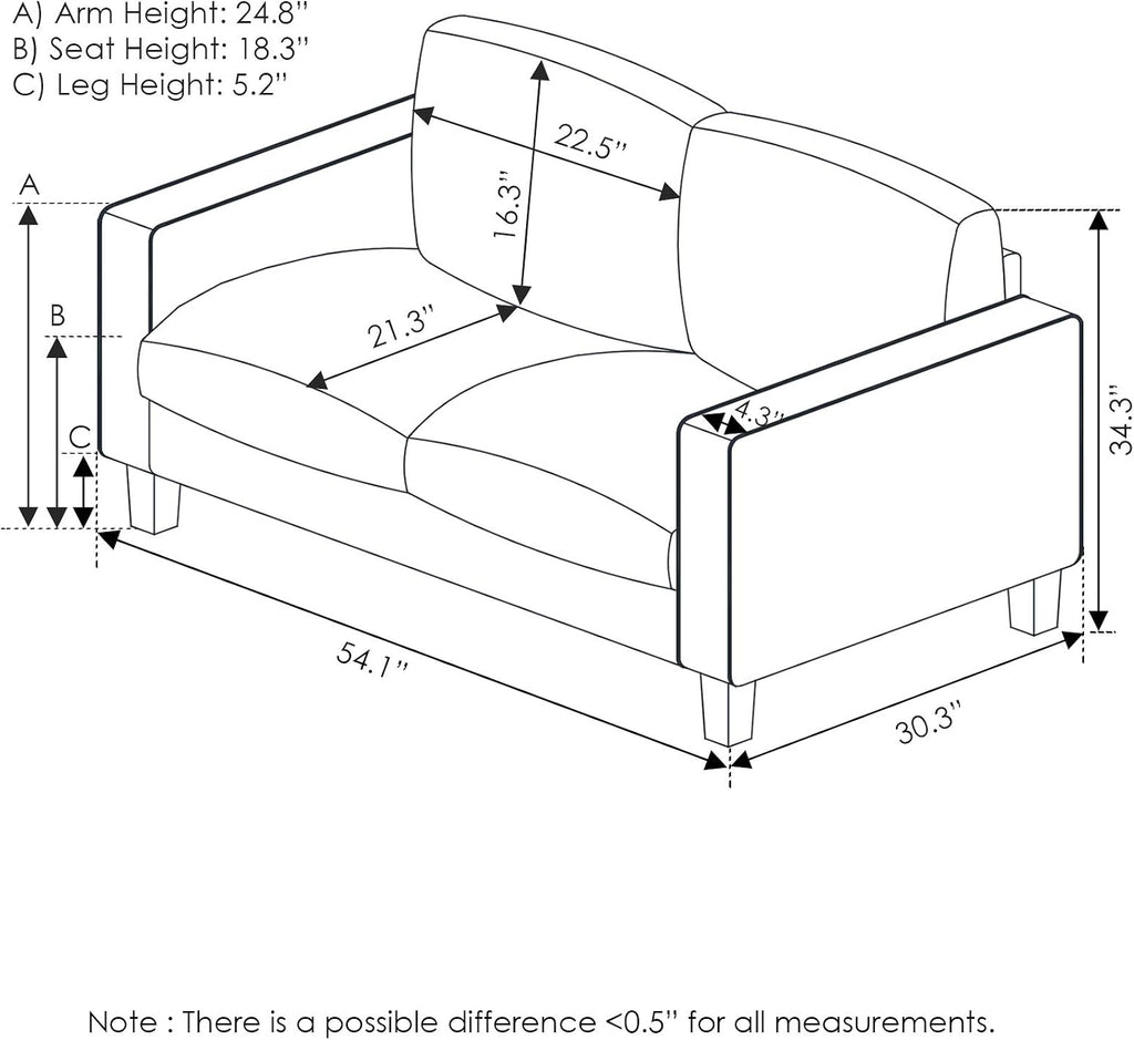 Bayonne 2-Seater Loveseat Sofa, 54" Wide, Fog