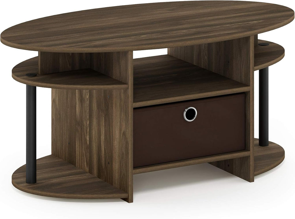 Jaya Simple Design Oval Coffee Table with Bin for Living Room, Columbia Walnut/Black/Dark Brown