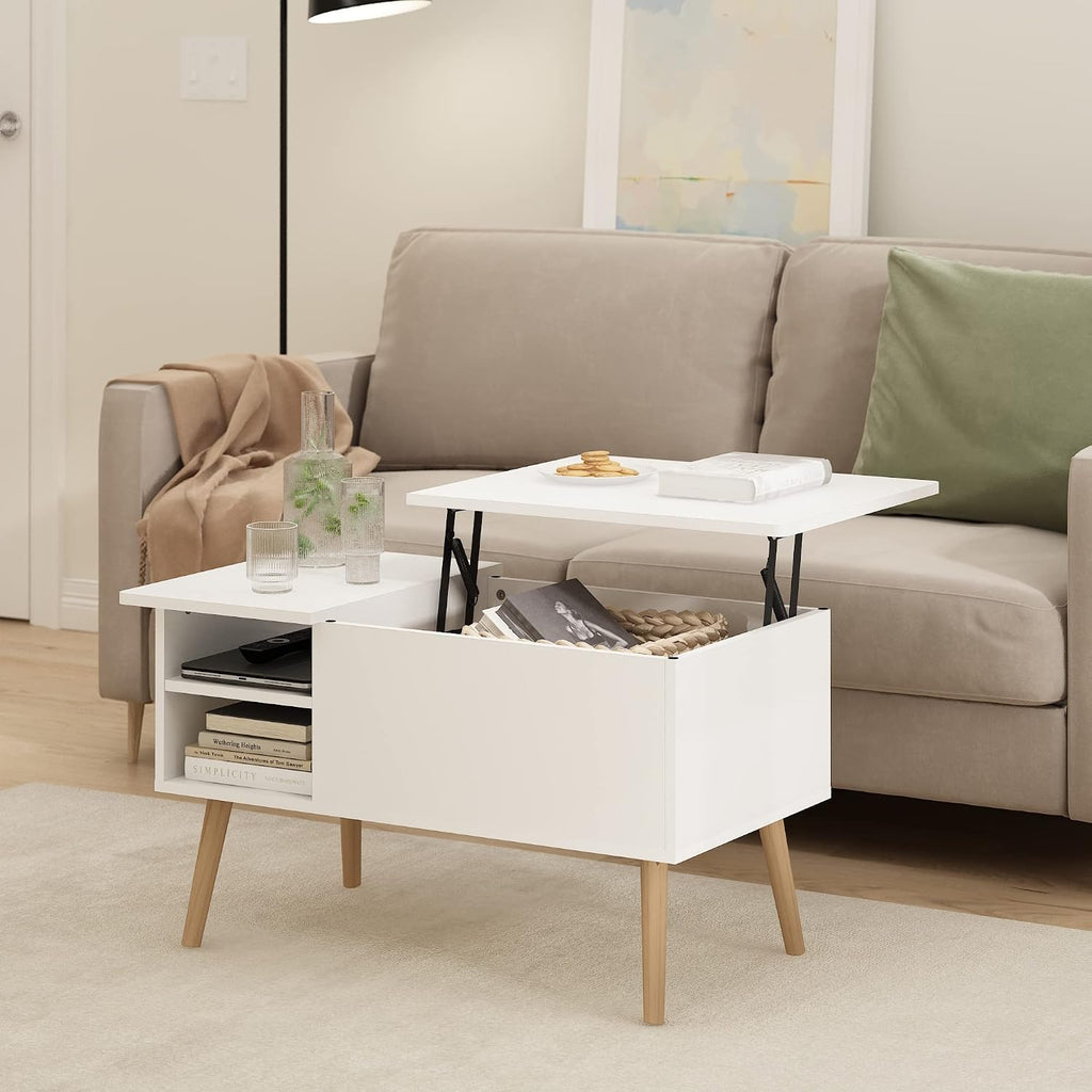 Jensen Living Room Wooden Leg Lift Top Coffee Table With Hidden Compartment and Side Open Storage Shelf, Solid White