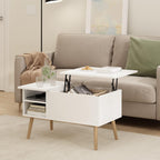 Jensen Living Room Wooden Leg Lift Top Coffee Table With Hidden Compartment and Side Open Storage Shelf, Solid White