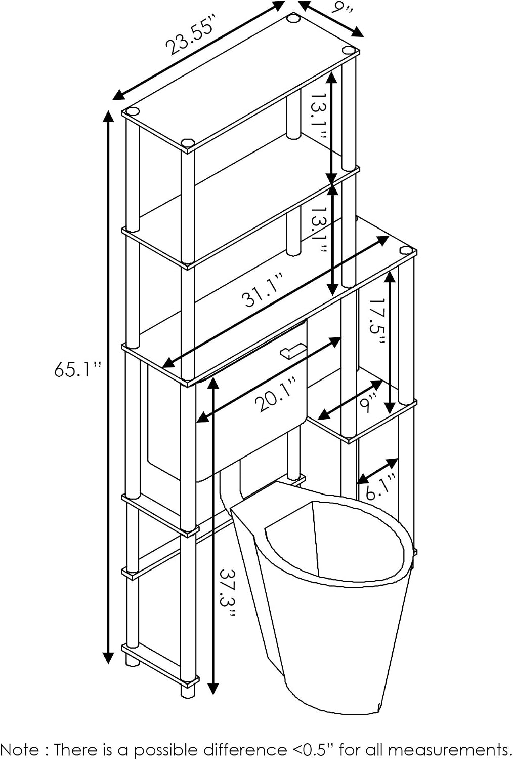 Turn-N-Tube Over The Toilet Storage, 5 Shelves Bathroom Organizer Space Saver Rack, French Oak Grey/Black