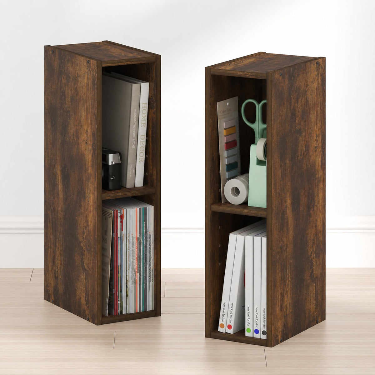 Fulda Book Shelf Set of 2, 3-Tier Narrow Bookshelf, 8"W, Amber Pine