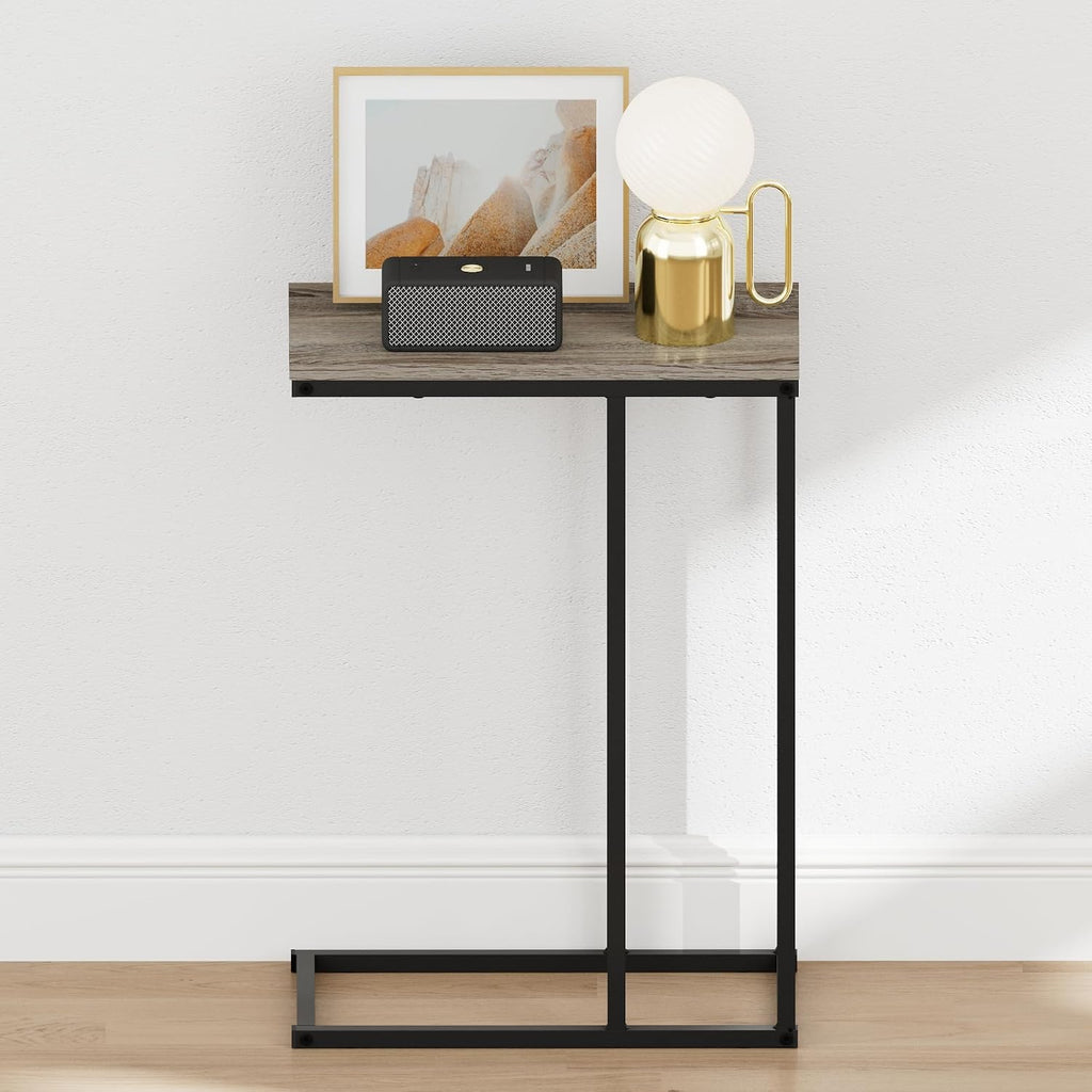 CAMNUS Night Stand, C-Shape Nightstand, Metal Frame Side Table, End Table, Bedside Table, for Living Room, Bedroom, French Oak Grey