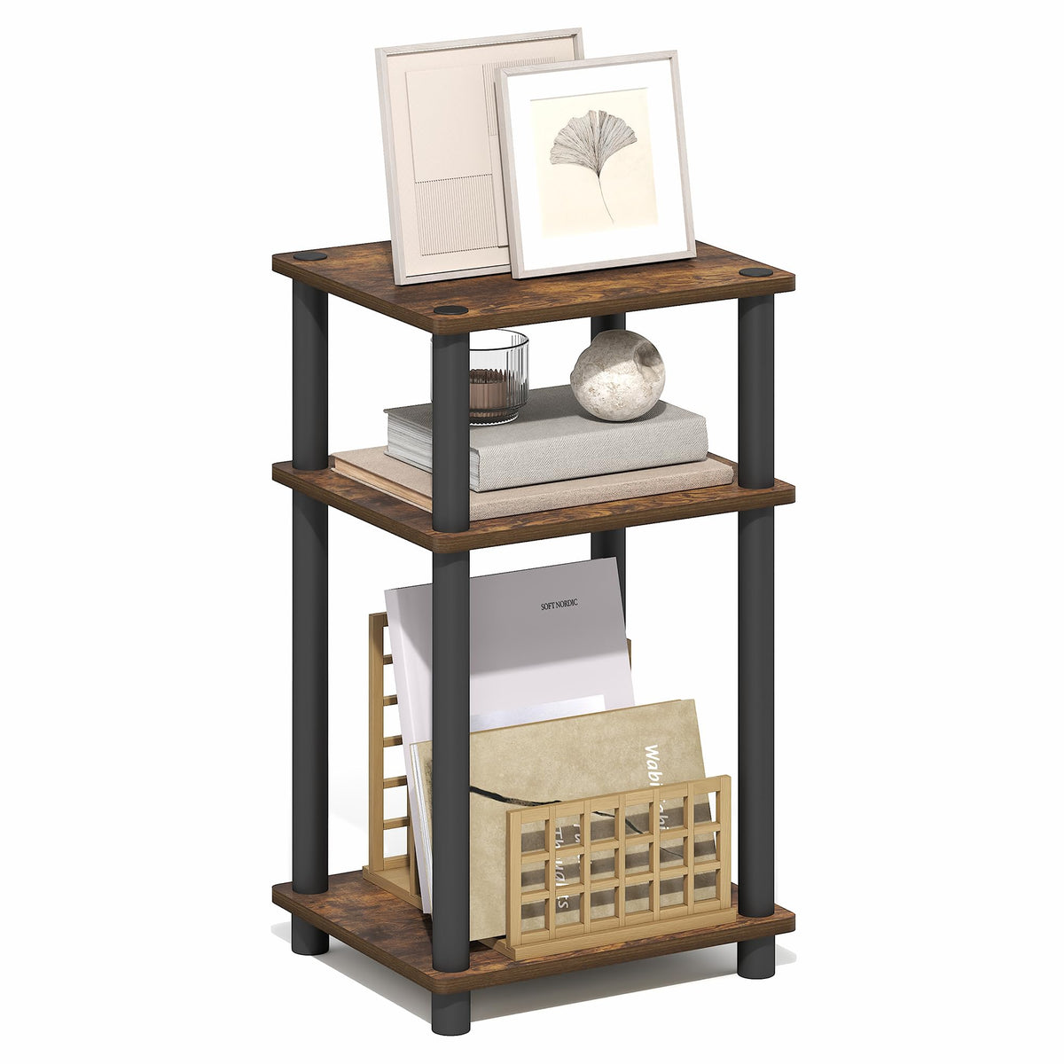JUST Toolless 3-Tier Side Table, Open Shelf End Table, Amber Pine