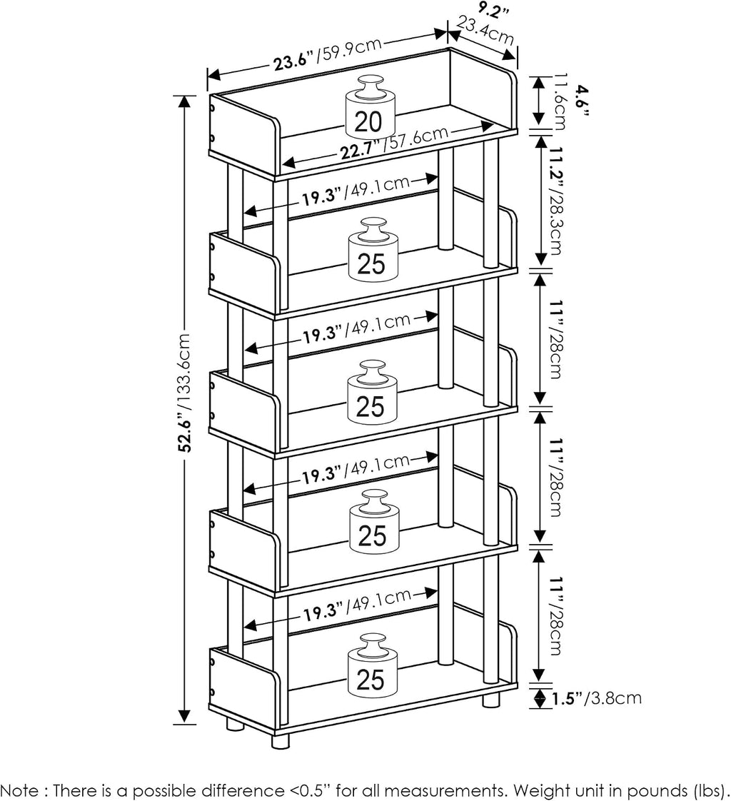 TURN-N-TUBE 5-Tier Display Shelf, Storage Shelves, Book Shelf, Open Shelves with Rounded Corner Top Edges, for Organization and Storage, Living Room, Home Office, Amber Pine