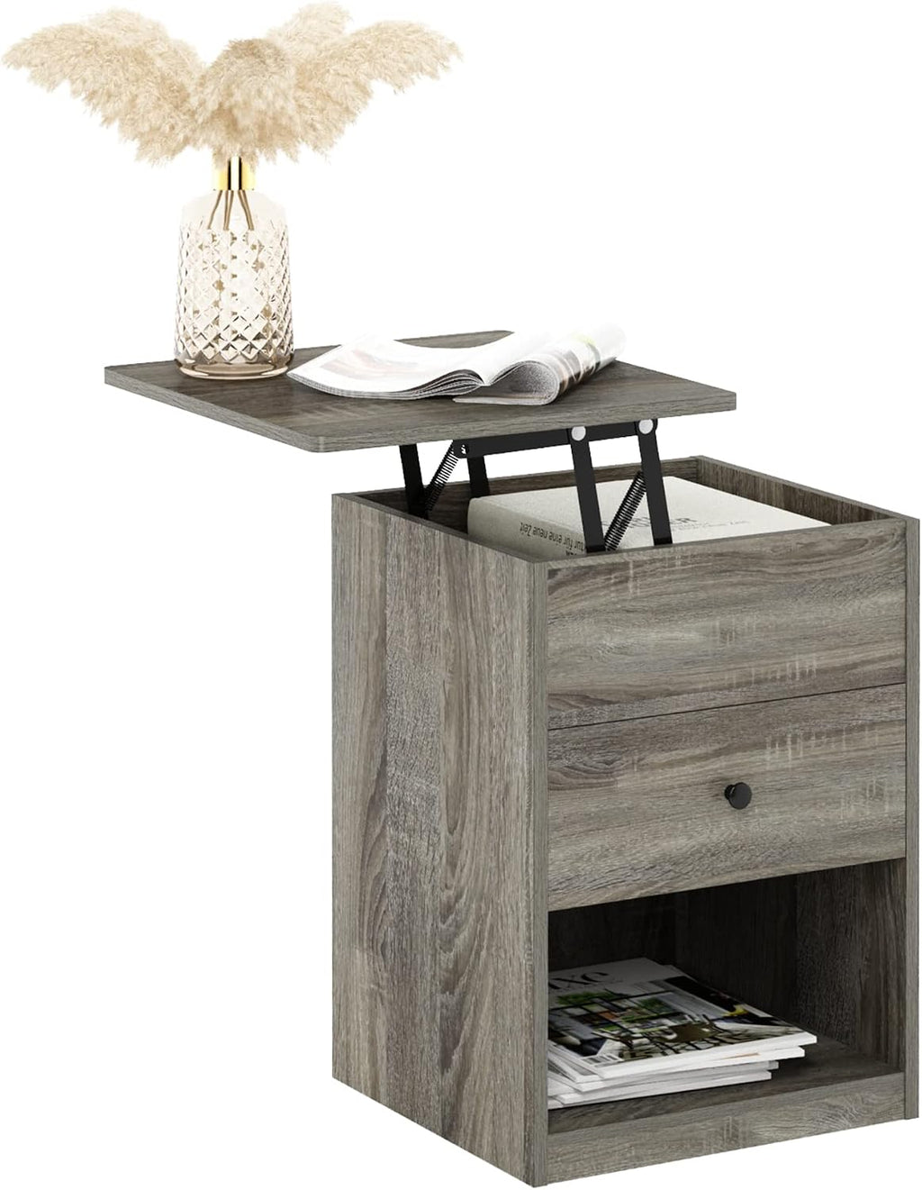 Jensen Lift-Top Night Stand with Drawer, French Oak Grey