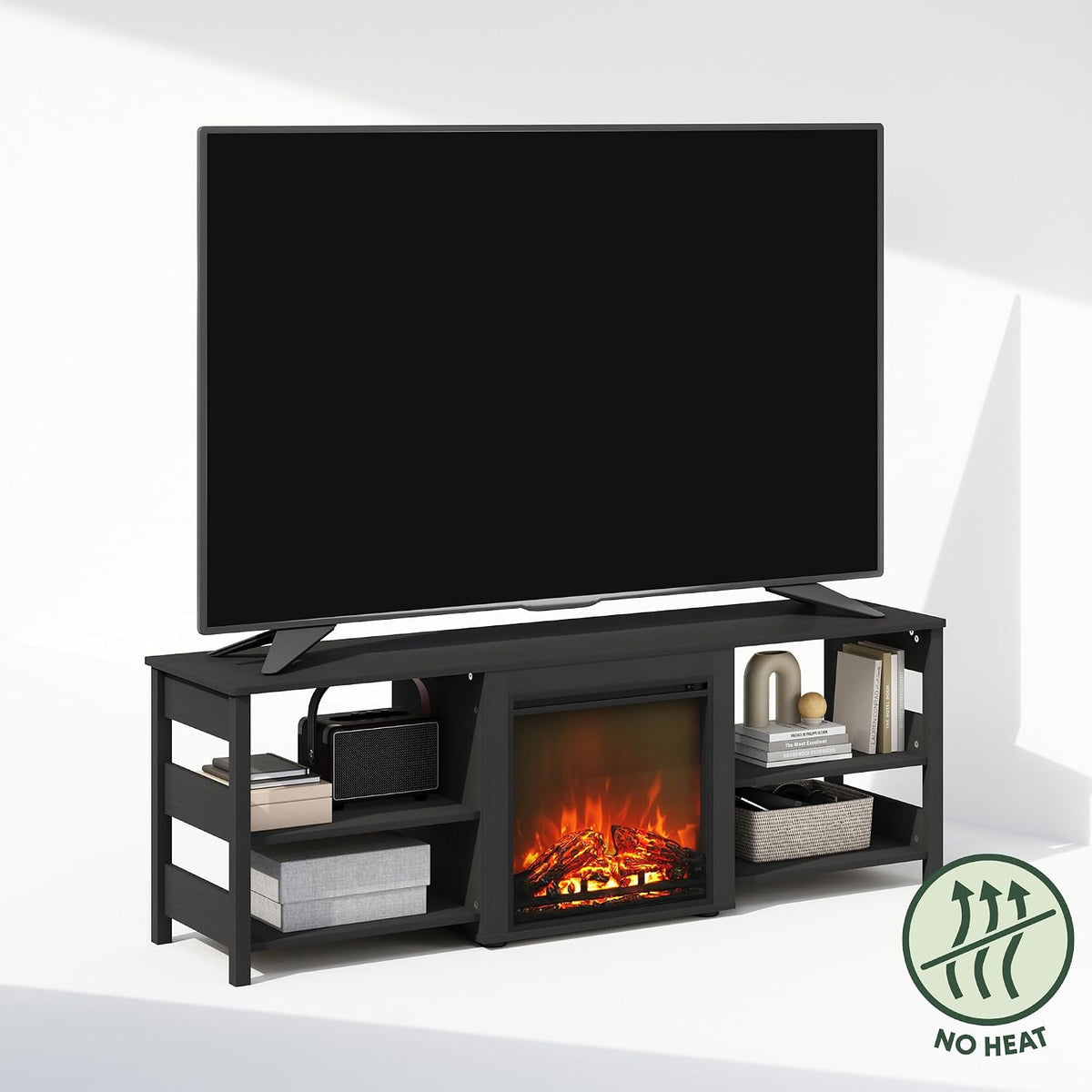Jensen Fireplace TV Stand, NO Heat Decorative Electric Fireplace TV Stand for TV up to 70 Inch, with Open Storage, for Living Room, Americano