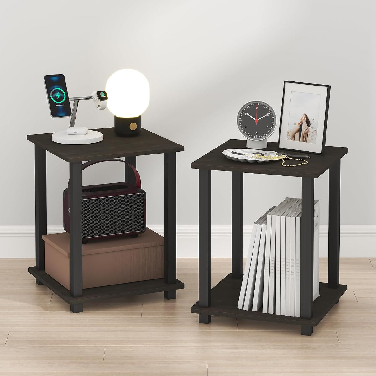 Simplistic Set of 2 Toolless 2-Tier Night Stand, Espresso