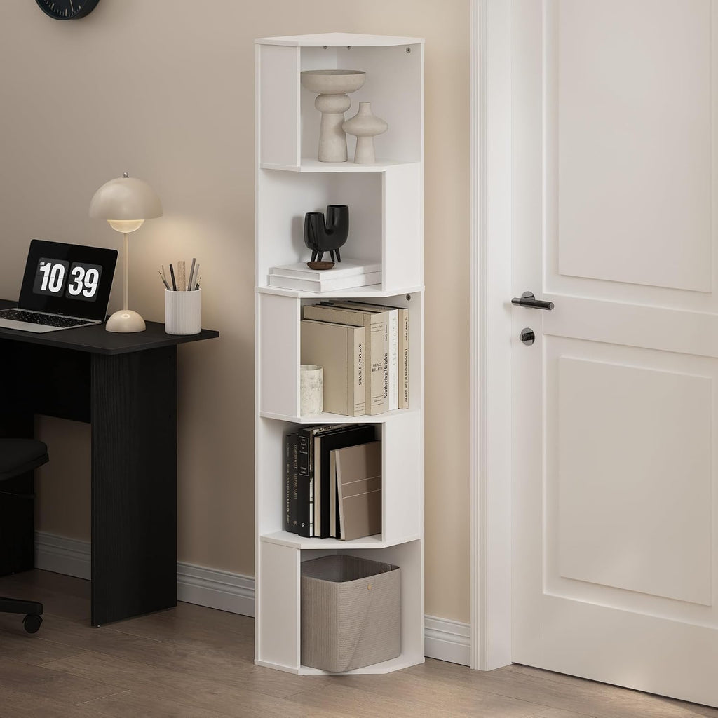 ECON Corner Shelf, 5-Tier Corner Book Shelf, Standing Storage Shelves, Cube Display Rack, Bookshelf, for Organization and Storage, Living Room, Home Office, White