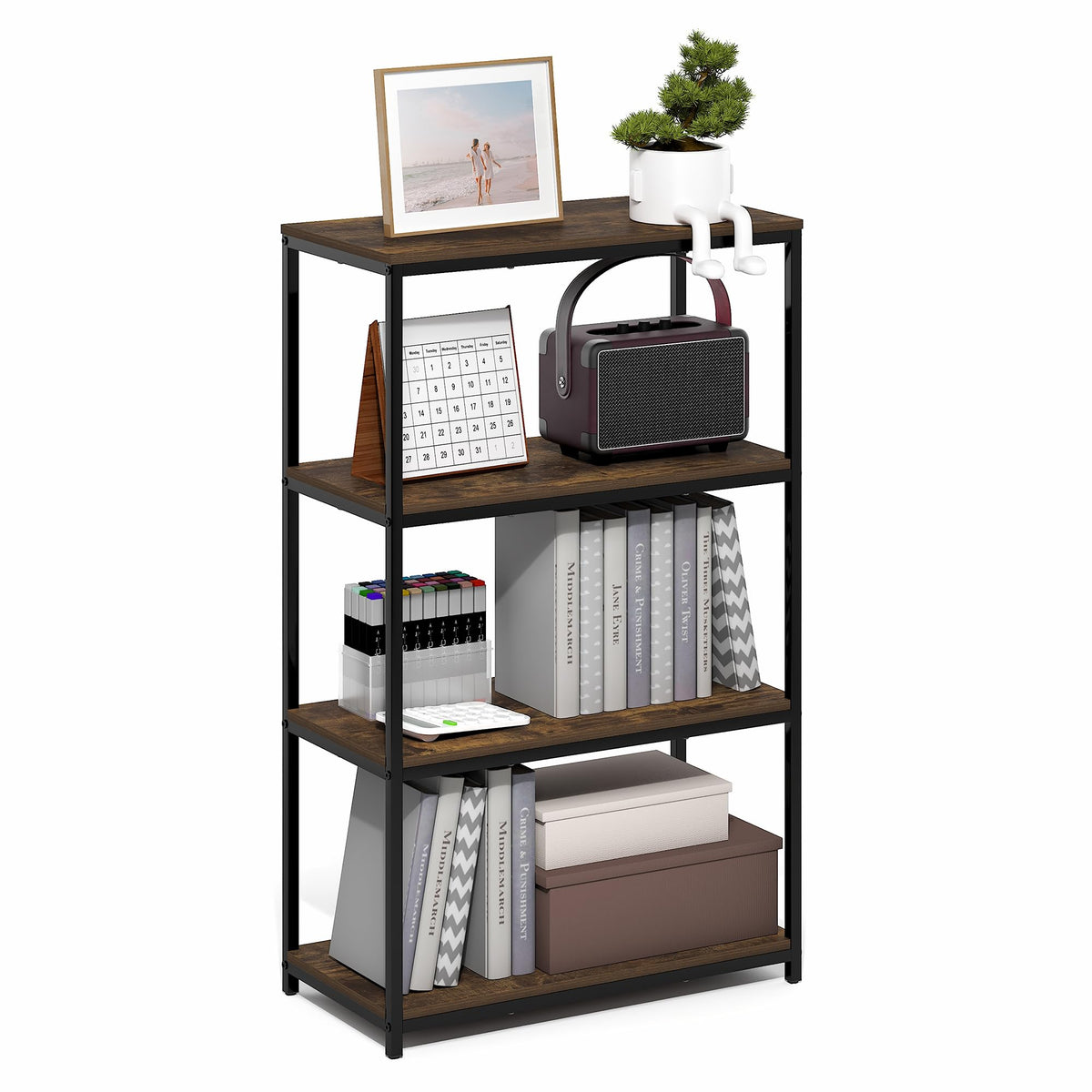 Simplistic Book Shelf, 7-Tier Bookshelf, Metal Frame Bookcases, Metal Storage Shelves, Storage and Organization, 11.8 x 23.6 x 74.9, for Living Room, Home Office, Bedroom, Amber Pine