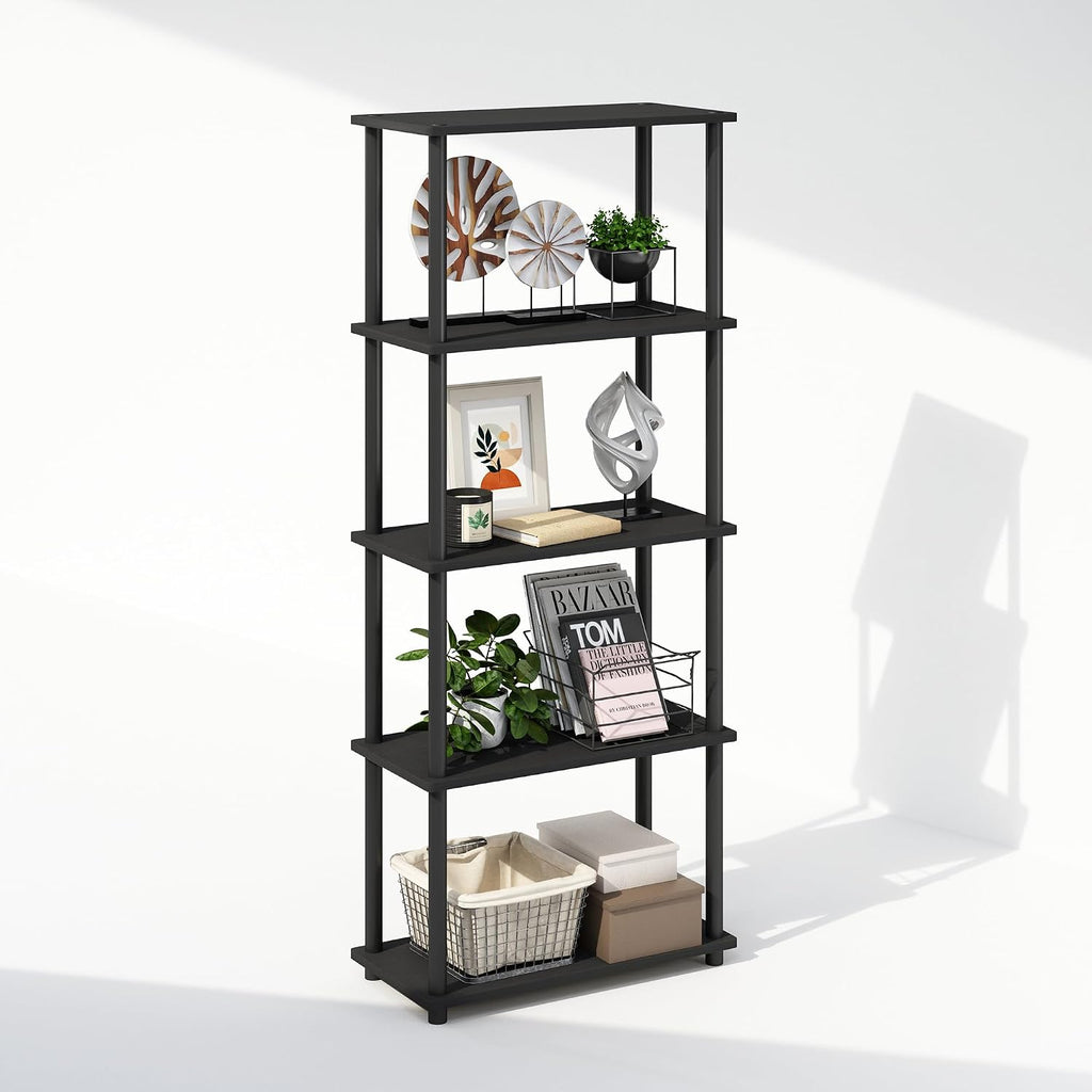 Turn-N-Tube Book Shelf, 5-Tier Bookshelf, Bookcase with Multipurpose Compact Display Rack, 11.6 x 23.6 x 57.4, for Living Room, Bedroom, Home Office, Americano/Black