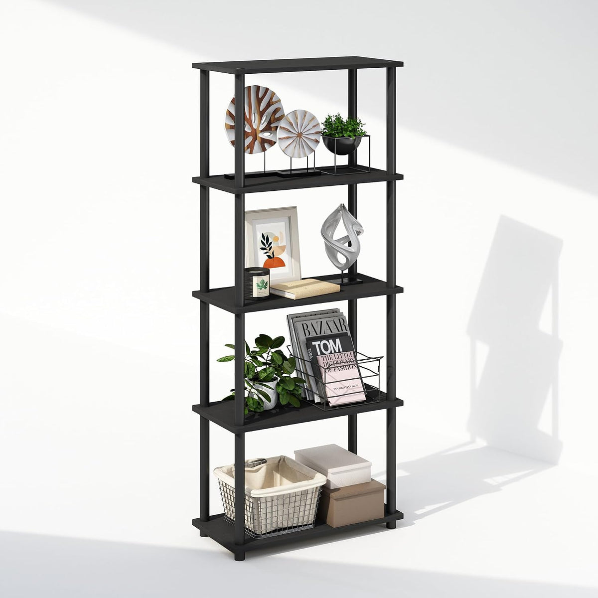 Turn-N-Tube Book Shelf, 5-Tier Bookshelf, Bookcase with Multipurpose Compact Display Rack, 11.6 x 23.6 x 57.4, for Living Room, Bedroom, Home Office, Americano/Black
