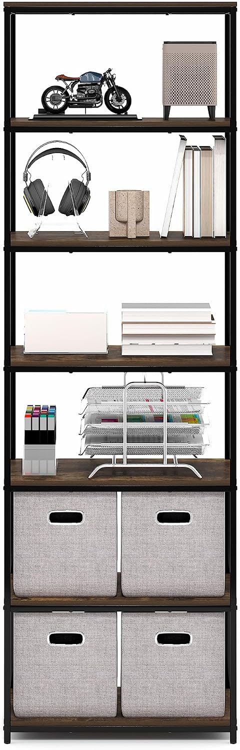 Simplistic Book Shelf, 7-Tier Bookshelf, Metal Frame Bookcases, Metal Storage Shelves, Storage and Organization, 11.8 x 23.6 x 74.9, for Living Room, Home Office, Bedroom, Amber Pine