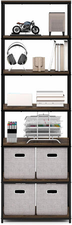 Simplistic Book Shelf, 7-Tier Bookshelf, Metal Frame Bookcases, Metal Storage Shelves, Storage and Organization, 11.8 x 23.6 x 74.9, for Living Room, Home Office, Bedroom, Amber Pine