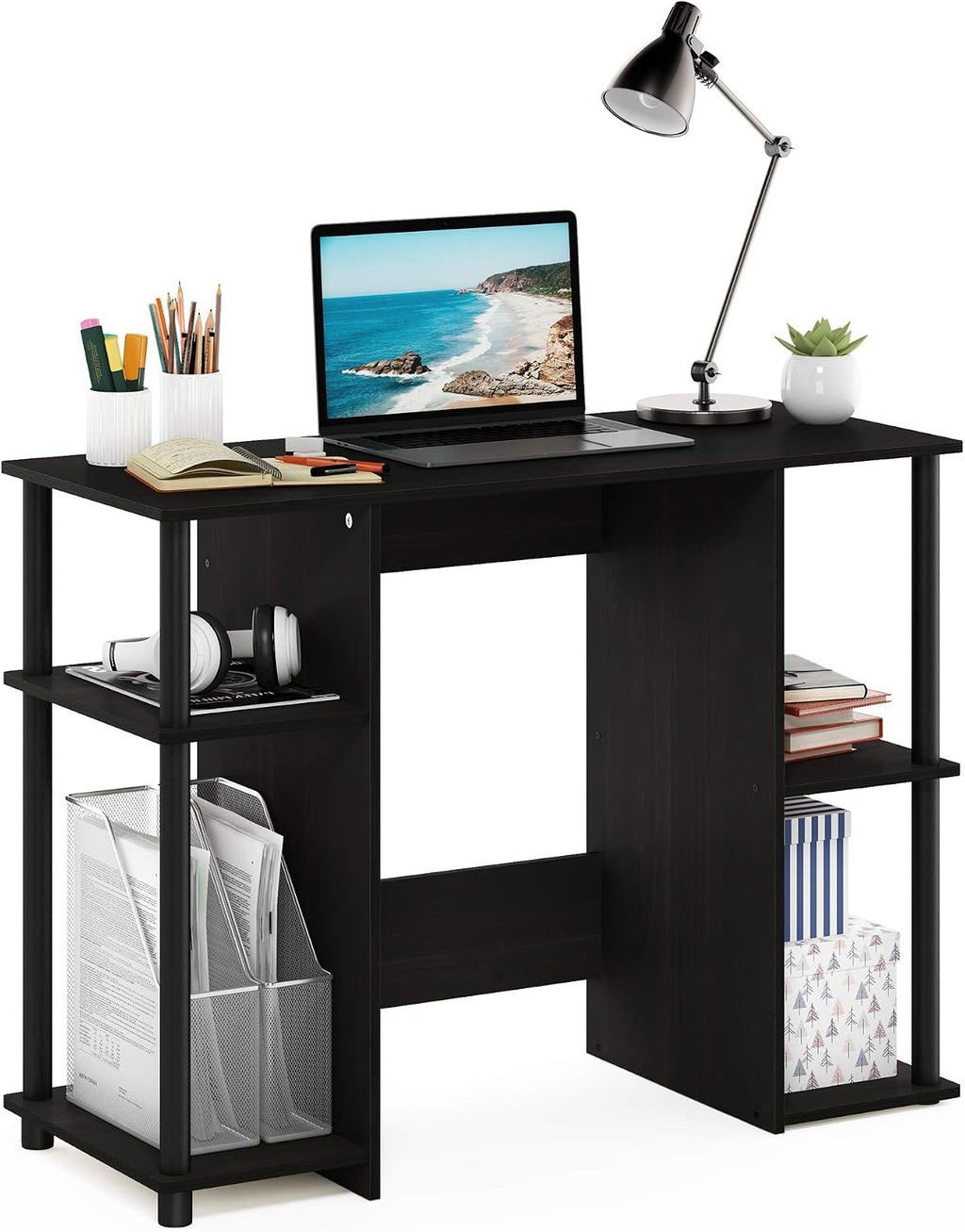 JAYA Desk, 38.4" Wide Gaming Desk, Computer Study Desk, Office Desk with Side Shelves, Open Storage, for Home Office, Bedroom, Dorm, Study Room, Espresso
