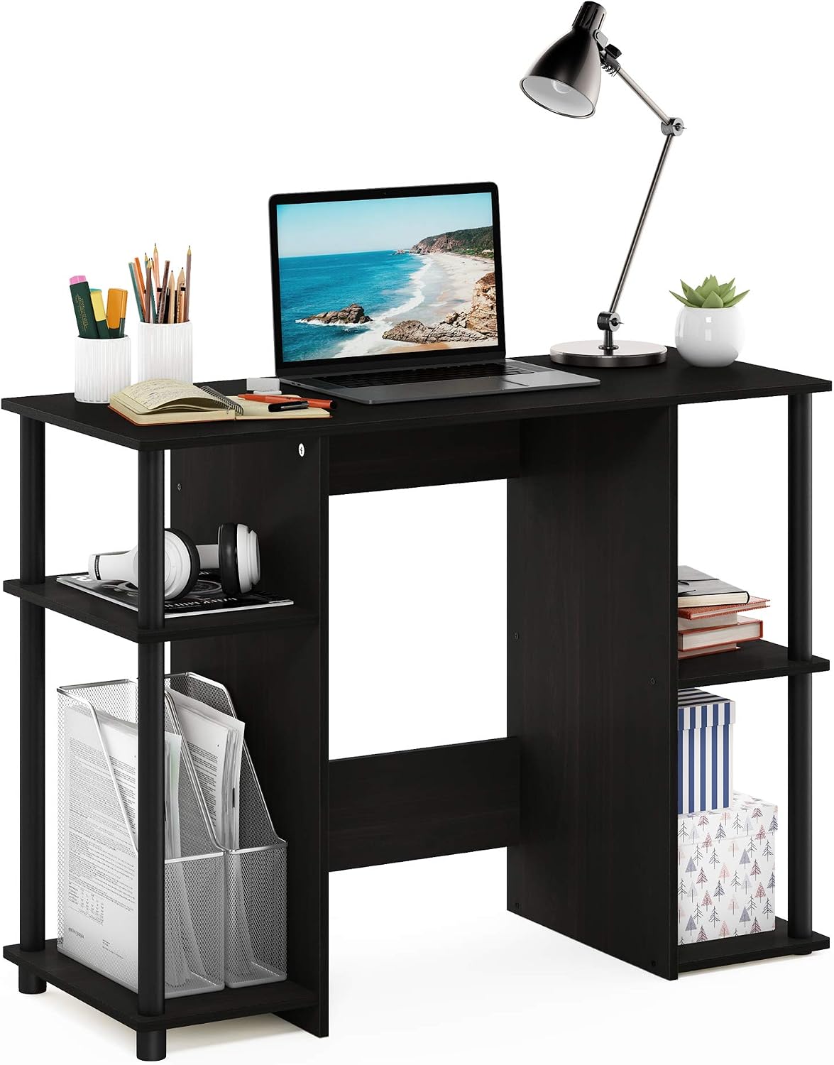 JAYA Desk, 38.4" Wide Gaming Desk, Computer Study Desk, Office Desk with Side Shelves, Open Storage, for Home Office, Bedroom, Dorm, Study Room, Espresso
