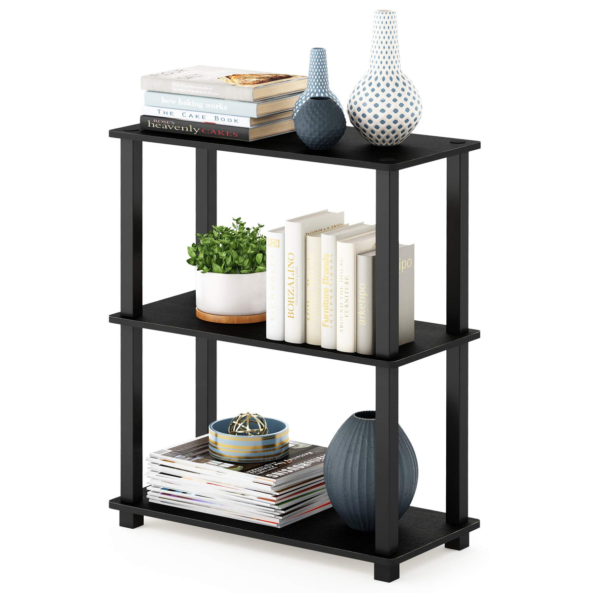 99152BE/WH/IV 3-Tier Go Green Multipurpose Storage Rack Shelving Unit Bookshelf Cabinet with 2 Bins, Beech Finish