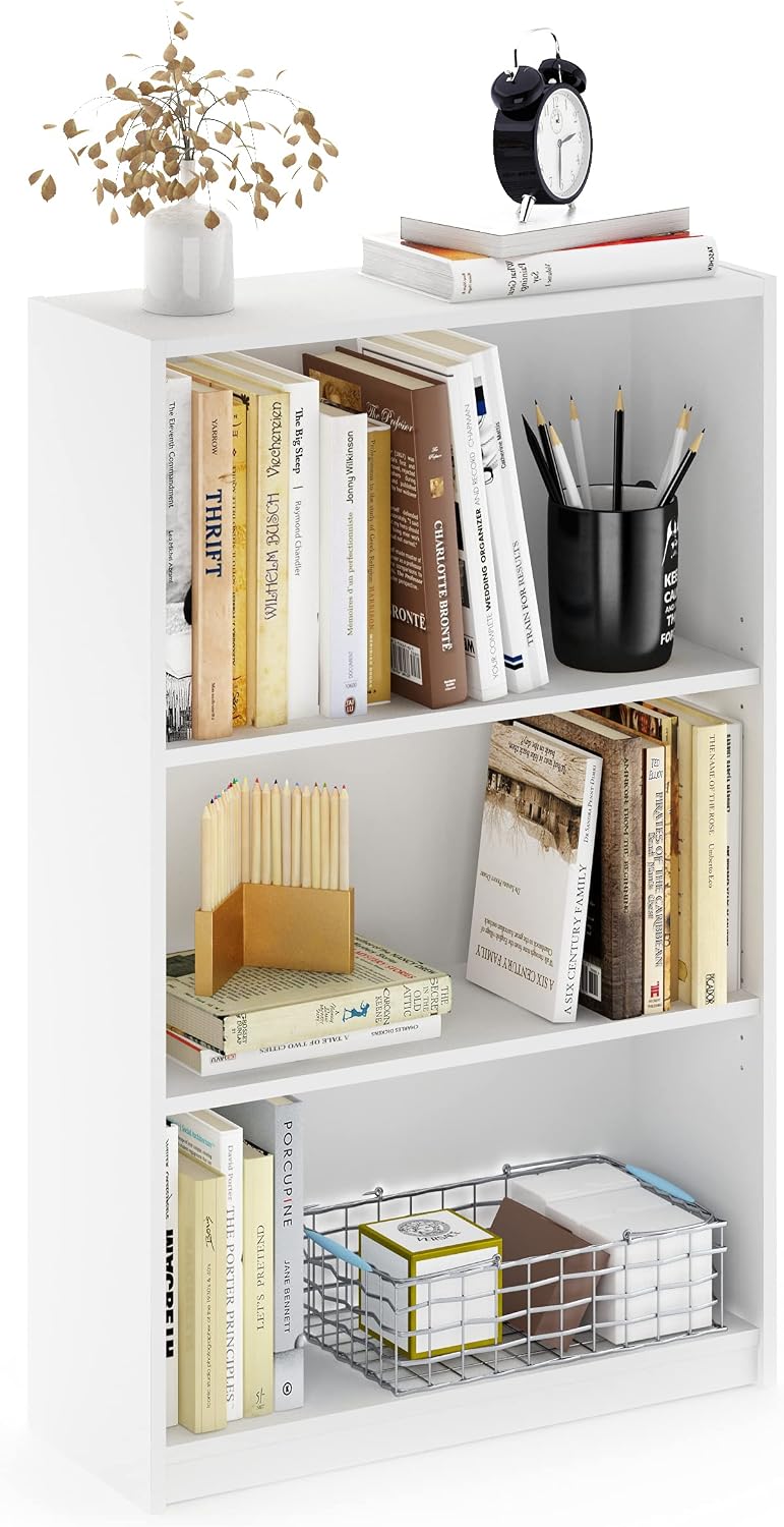 Jaya Book Shelf, 3-Tier Bookshelf, Bookcase with Adjustable Shelves, 9.5 x 24.5 x 40.3, for Organization and Storage, for Living Room, Bedroom, Home Office, White