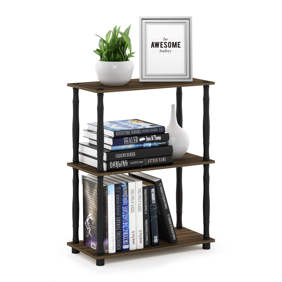99152BE/WH/IV 3-Tier Go Green Multipurpose Storage Rack Shelving Unit Bookshelf Cabinet with 2 Bins, Beech Finish