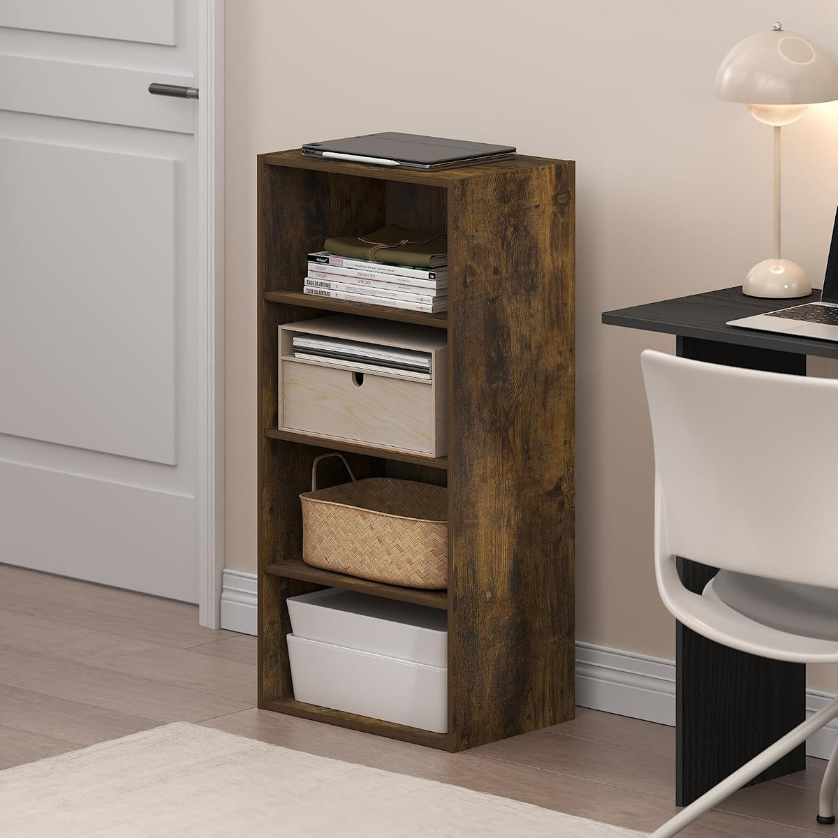 Basic Book Shelf, 4-Tier Bookcase with Open Shelf, Bookshelf, Cube Storage Organizer, 11 x 17 x 35, for Living Room, Bedroom, Home Office, Amber Pine