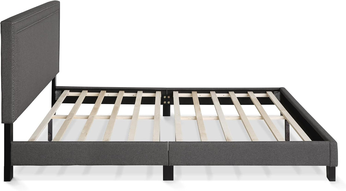 Laval Double Row Nail Head Upholstered Platform Bed Frame, Queen, Stone