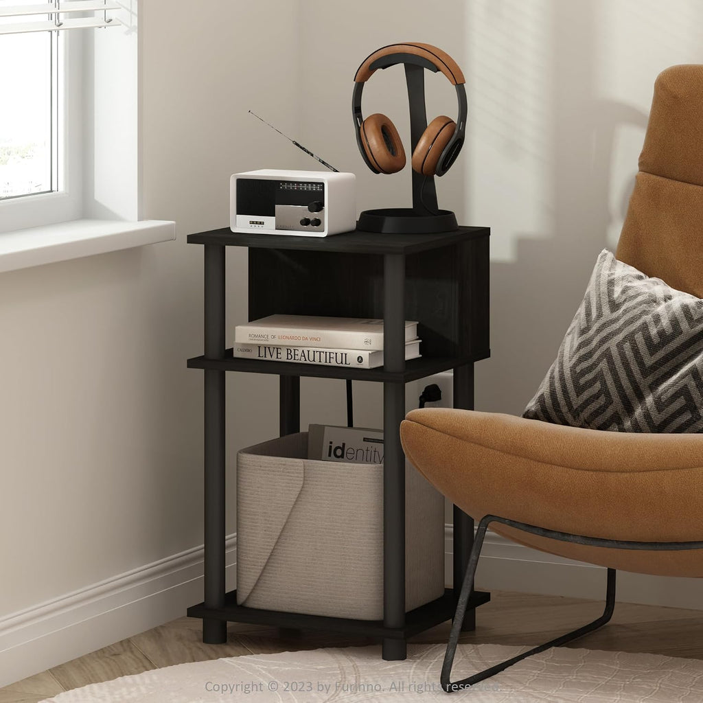 Just 3-Tier Turn-N-Tube Open Storage End Table with USB and Type-C Charging Port, 11.42 (W) x 9.92 (H) x 6.91 (D) inches, Espresso/Black