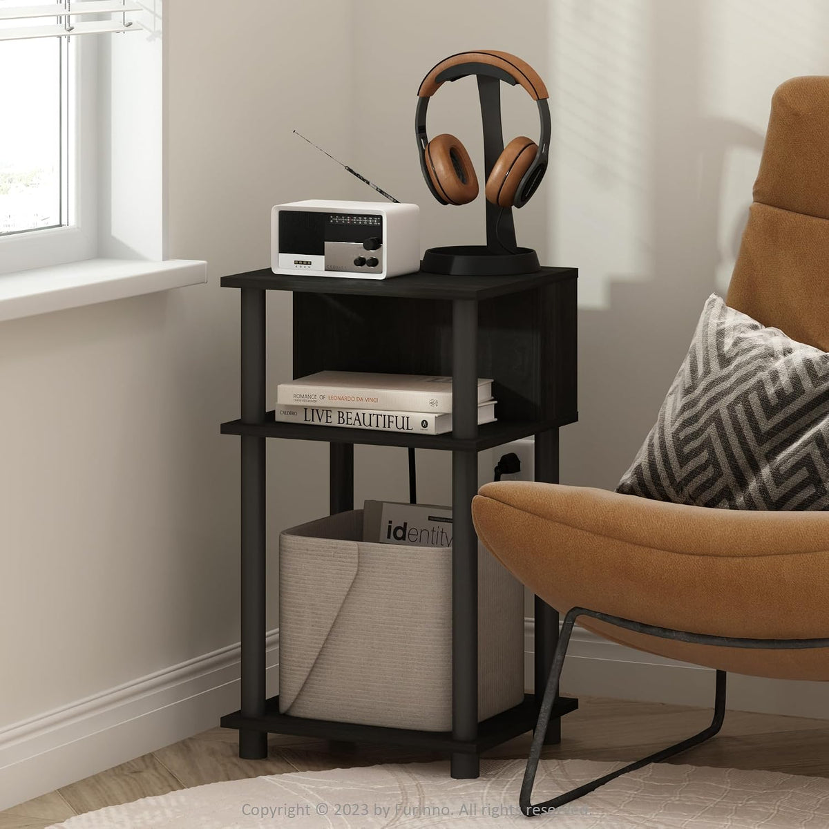 Just 3-Tier Turn-N-Tube Open Storage End Table with USB and Type-C Charging Port, 11.42 (W) x 9.92 (H) x 6.91 (D) inches, Espresso/Black