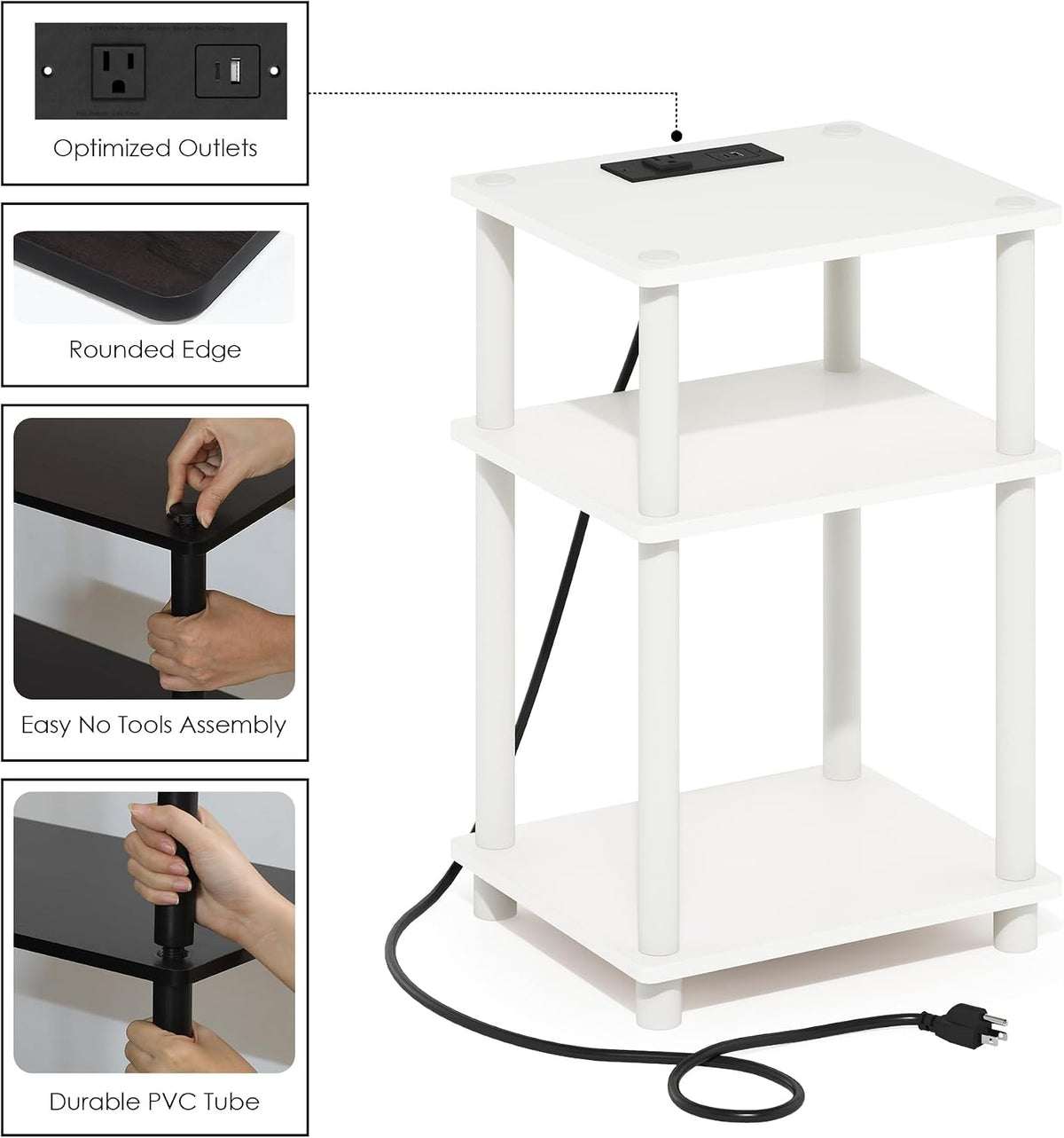 Just 3-Tier Charging Station Side Table, End Table, Plain White