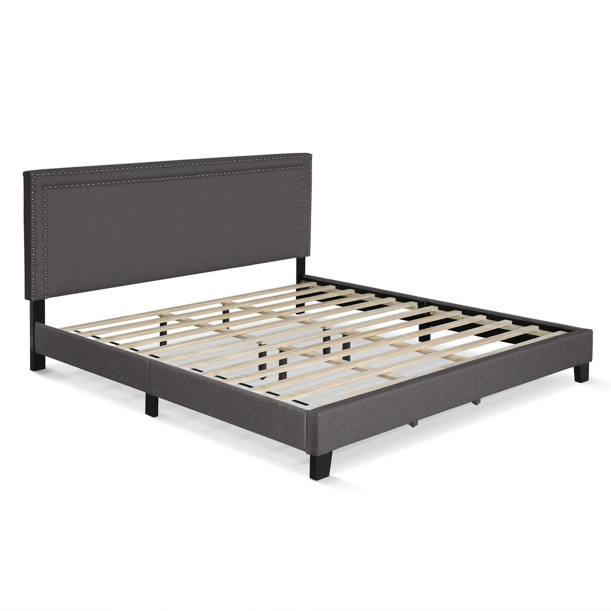 Laval Double Row Nail Head Upholstered Platform Bed Frame, Queen, Stone