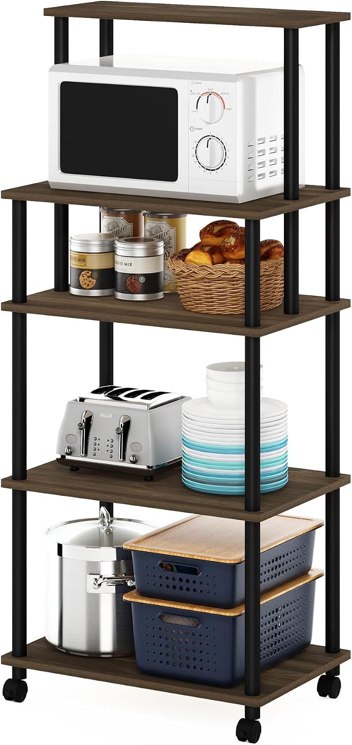 Turn-N-Tube 5-Tier Toolless Kitchen Storage Cart with Lockable Wheels, Columbia Walnut/Black
