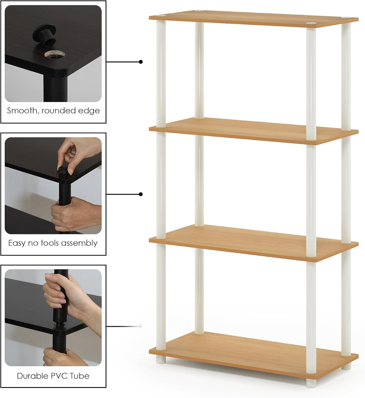 Turn-N-Tube Toolless Assembly Storage Shelves, 4-Tier Oak Book Shelf, Open Storage Bookshelf, for Organization and Storage, Living Room, Home Office, Bedroom, Maple