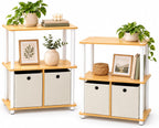 TURN-N-TUBE Storage Shelves Set of 2, 3-Tier Toolless Book Shelf with Storage Bins, Display Shelf, for Organization and Storage, Living Room, Garage, Home Office, Beech