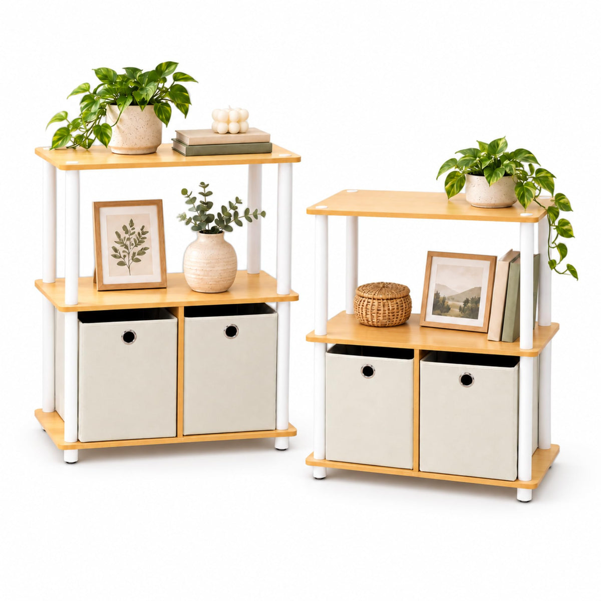 99152BE/WH/IV 3-Tier Go Green Multipurpose Storage Rack Shelving Unit Bookshelf Cabinet with 2 Bins, Beech Finish