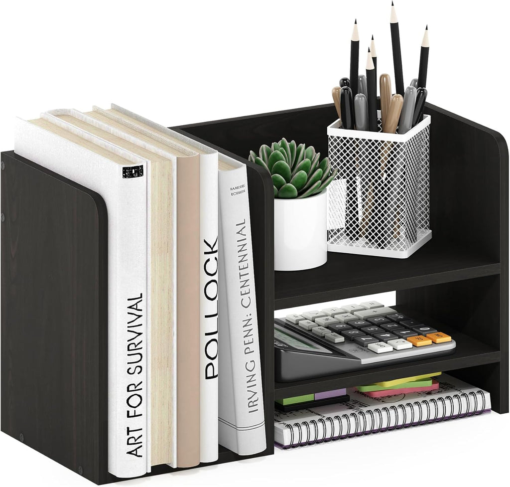 Hermite Wood Desktop Book and Home Office Supplies Storage Organizer, Espresso