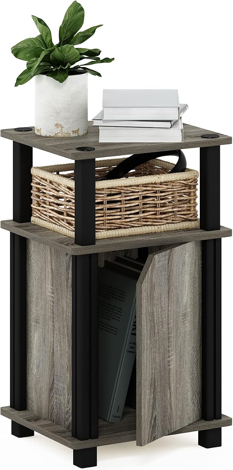 Just 3-Tier Side Table, Grey Closed Storage End Table, Night Stand, Bedside Table for Living Room, Bedroom, Home Office, French Oak/Black