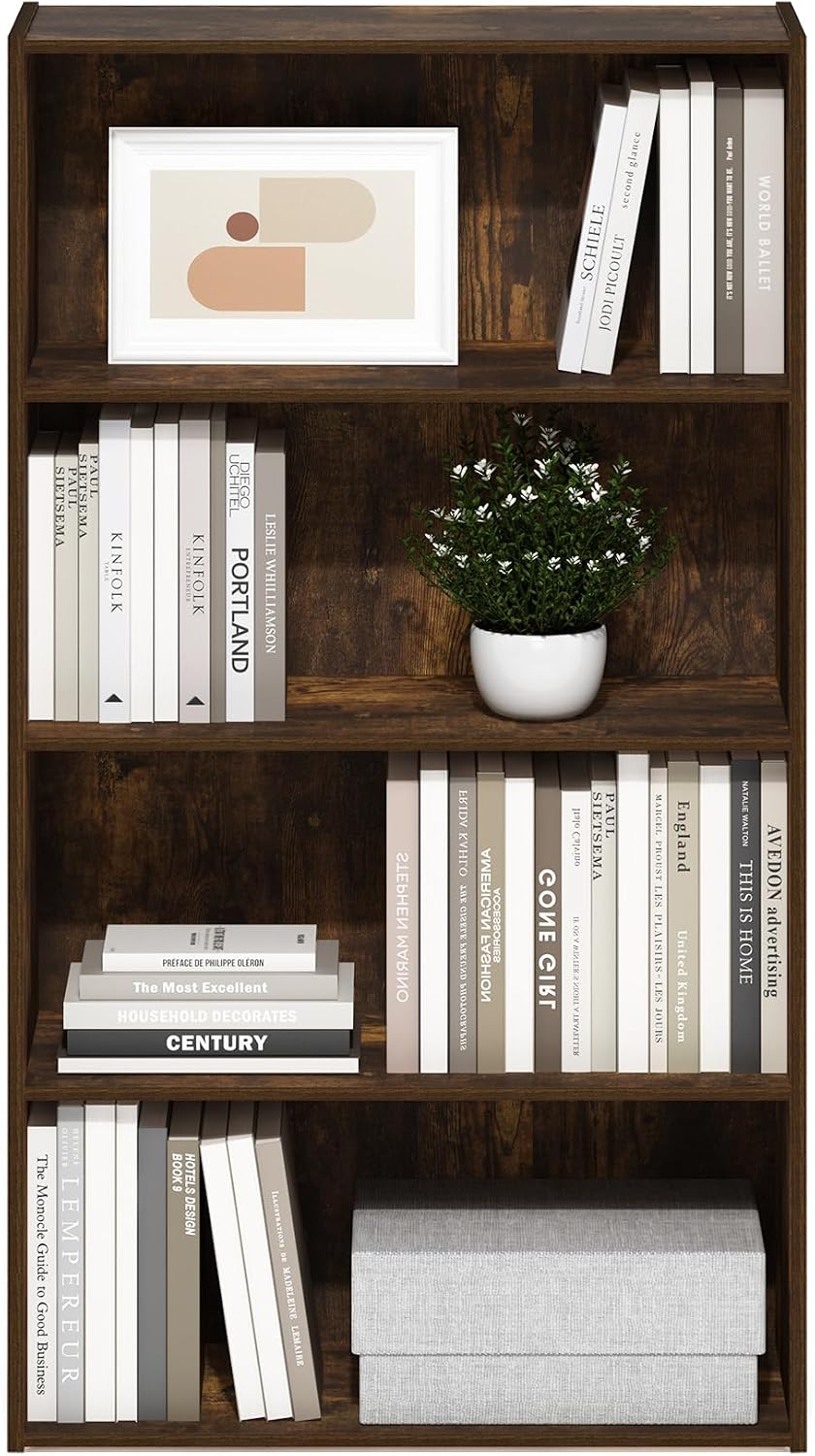 PASIR Book Shelf, 4-Tier Bookshelf, Bookcase with Open Shelf, 9.4 x 23.6 x 41.7, for Living Room, Bedroom, Home Office, Amber Pine