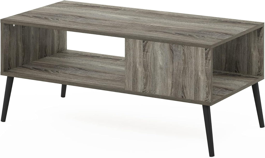 Claude 2-Tier Grey Coffee Table, Mid-Century Style Coffee Table with Wooden-Legs, Side Table with Open Shelf, for Living Room, Bedroom, Home Office, Grey Oak