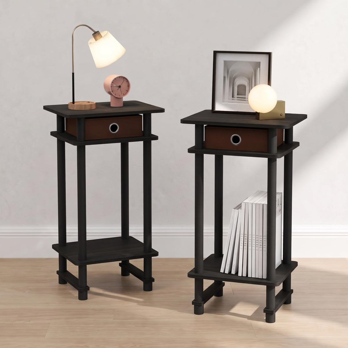 ANDREY Set of 2 Square 2-Tier Side Table, End Table, French Oak