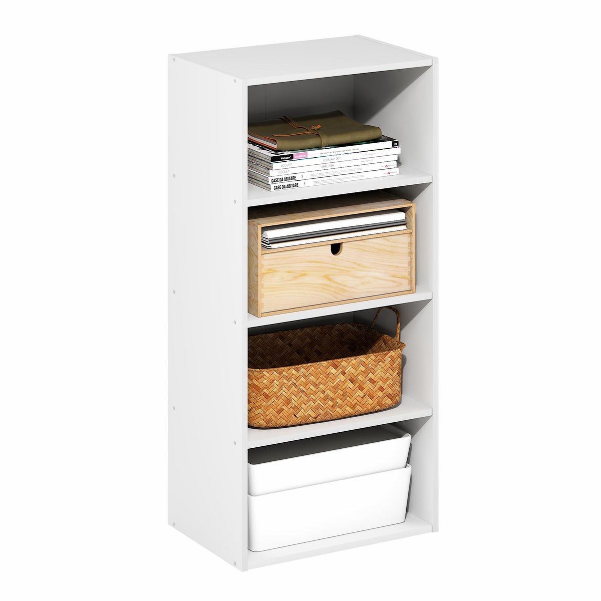 Basic Book Shelf, 4-Tier Bookcase with Open Shelf, Bookshelf, Cube Storage Organizer, 7 x 17 x 35, for Living Room, Bedroom, Home Office, White